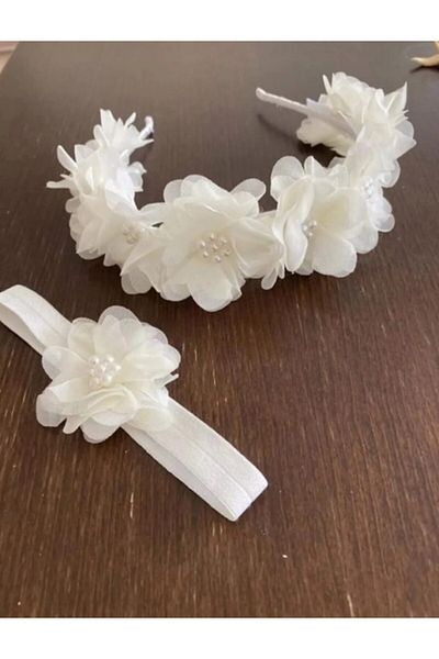 DisegnoFlorealeAla White Floral Crown and Headband Set |   Mother-Daughter Matching Handmade Hair Accessory
