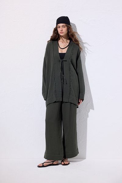 Manuka Muslin Wide Sleeve Kimono Dark Green
