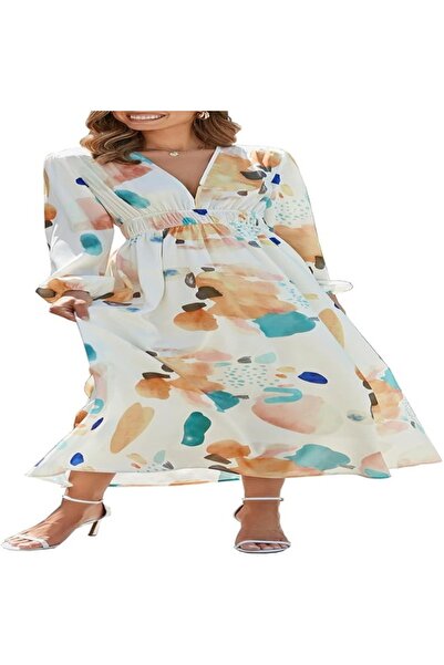 OEM Rochie lunga de vara, vaporoasa, florala, roz, cu maneci lungi si anchior...