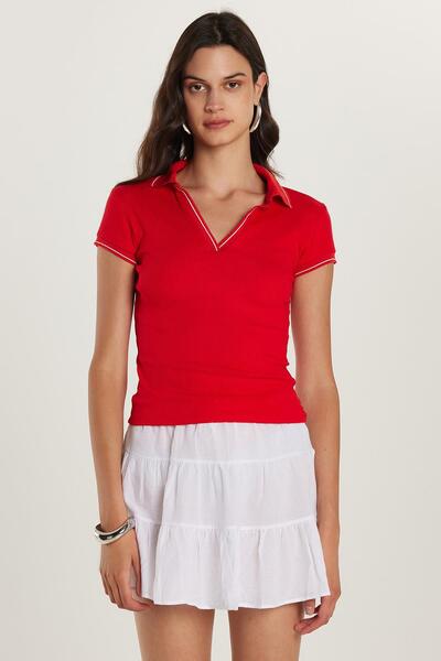 Tudors Women's Modal Fabric Slim Fit Close-Fitting Short Sleeve V-Neck Red Blouse