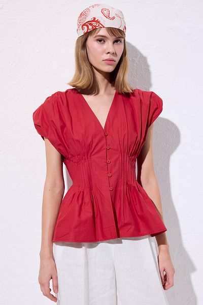 Manuka Beli Pile Detail Sleeveless Bluz Red