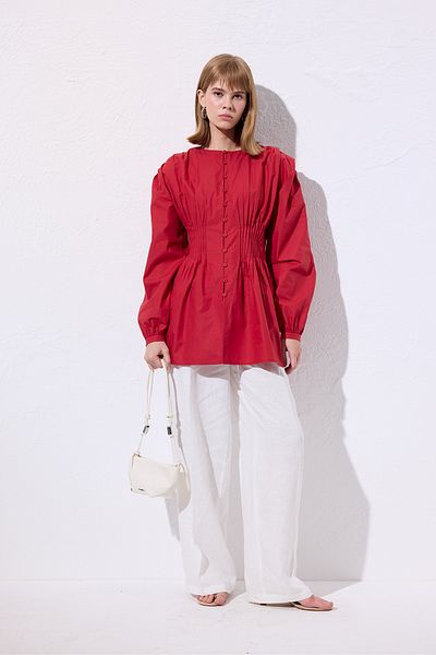 Manuka Belly Pleated Detail Long Sleeve Bluz Red