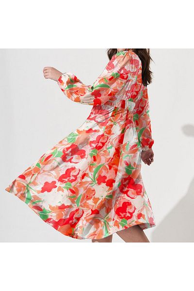 OEM Long summer dress, airy, floral, pink, with long sleeves and deep V neckline XL INTL