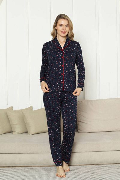ALİMER Women's Pajama Set with Front Buttons - Navy Rose Pattern Long Sleeve Lycra Rink Viscose 2862Uy