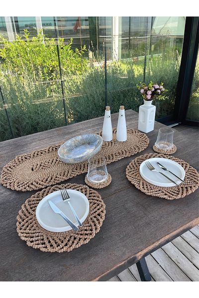 Home Inn Home Textile Tableware Set for 2 People Wicker Look American Service - Runner - Coasters - Stain Resistant Natural