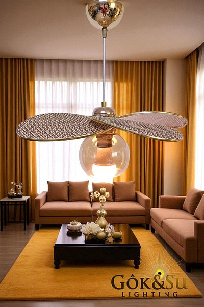Göksu Lighting Rattan Propeller Model Pendant Lamp Chandelier Living Room Hall Entrance Kitchen