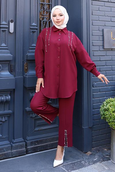 Modamihram Pearl Detailed Suit Claret Red 19259