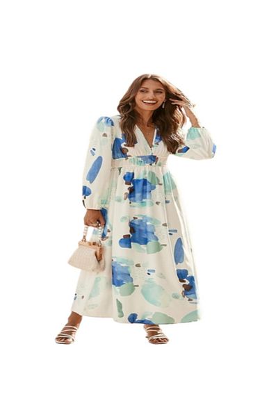 OEM Long summer dress, airy, floral, pink, with long sleeves and deep V neckline XL INTL