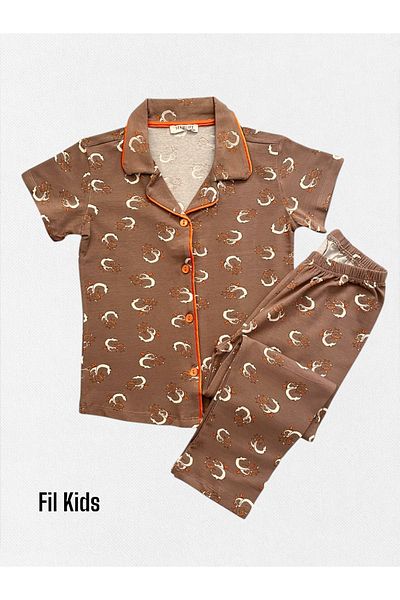 seamlife Girls' 100% Cotton Brown Chick Heart Pattern Shirt Collar Short Sleeve Seasonal Pajamas Set