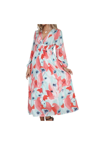 OEM Rochie lunga de vara, vaporoasa, florala, roz, cu maneci lungi si anchior...