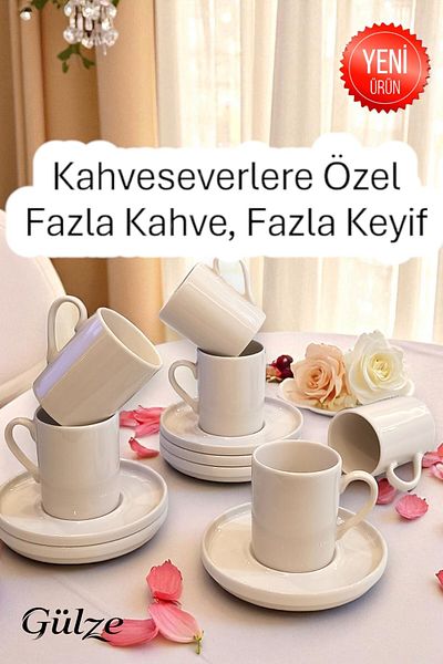 GÜLZE HOME 6-Person (12 Piece) Duru Model Luxury Coffee Cup Set (Simple Design, Real Porcelain)