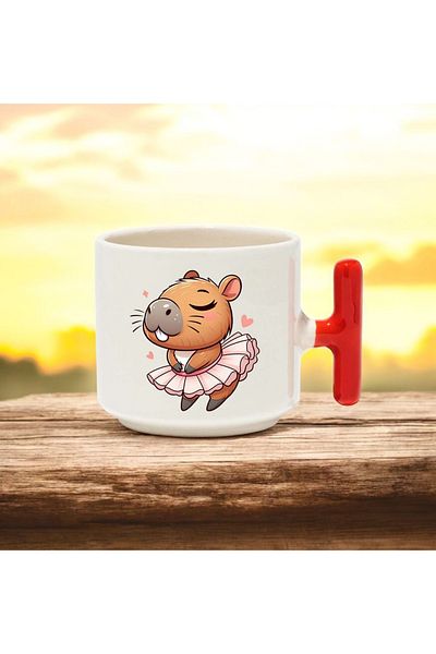BB TRADE Ballerina Capybara Designed Red T-Handle Ceramic Printed Mug 250 ml