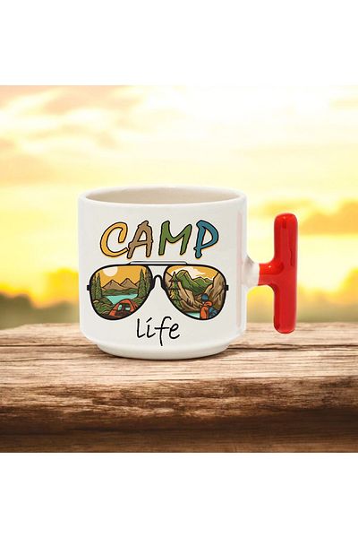 BB TRADE Camp Life Designed Red t Handle Ceramic Printed Mug 250 ml