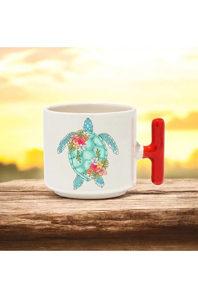 BB TRADE Turtle Designed Red T-Handled Ceramic Printed Mug 250 ml