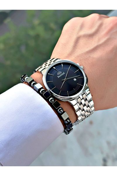 Bentini Men's Wrist Watch with Calendar – Steel Band, Waterproof, 2-Year Warranty, Gift Bracelet