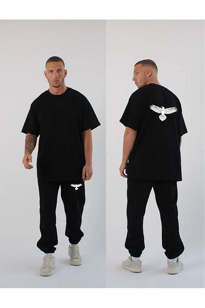 Monaco Tekstil Men's Black Oversized Round Neck Short Sleeve Tracksuit Set with Back Print