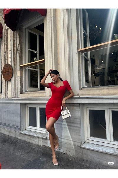 Modafeminen Heart Collar Vaktak Mini Crepe Dress 582982 Red