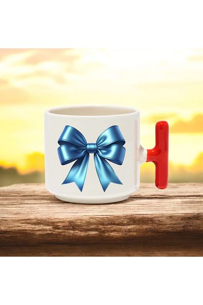 BB TRADE Blue Ribbon Designed Red t Handle Ceramic Printed Mug Cup 250 ml
