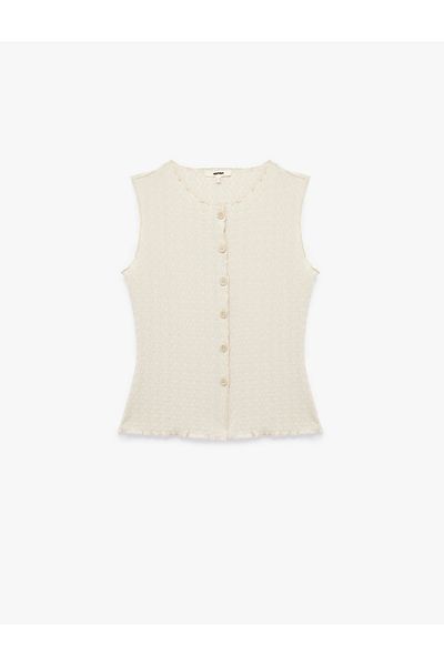 Koton Wrap-Around Fabric Slim Fit Crew Neck Textured Sleeveless Button Blouse