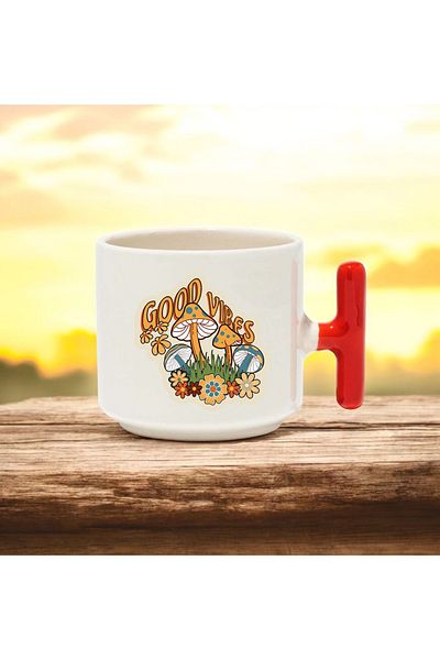 BB TRADE Good Vibes Designed Red t Handle Ceramic Printed Mug 250 ml