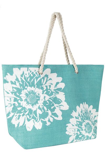 vivo Geanta pentru plaja, turcoaz cu flori albe, 46 x 34.5 cm, BB0865C-TURCOAZ