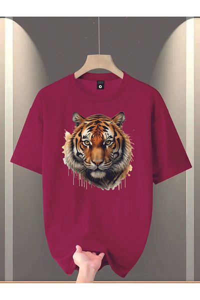 HOFFNUNG Unisex Men/Women Crew Neck Tiger Printed Oversize T-Shirt
