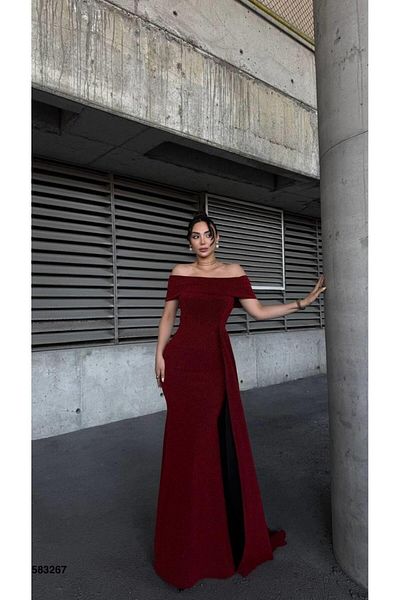 Modafeminen Off the Shoulder Long Evening Dress Flowres Fabric Red 583267