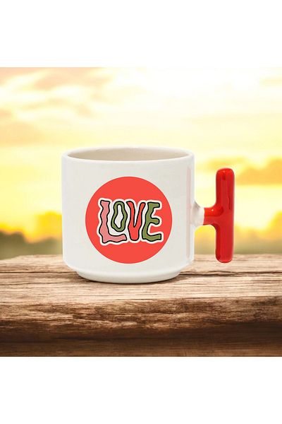 BB TRADE Love Patterned Designed Red t Handle Ceramic Printed Mug Cup 250 ml