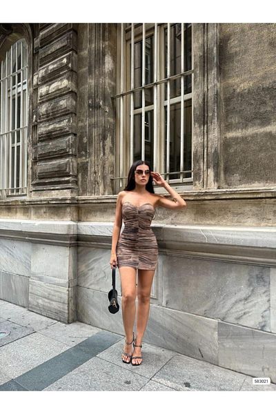 Modafeminen Strapless Neckline Gathered Mini Tulle Dress 583021 Brown