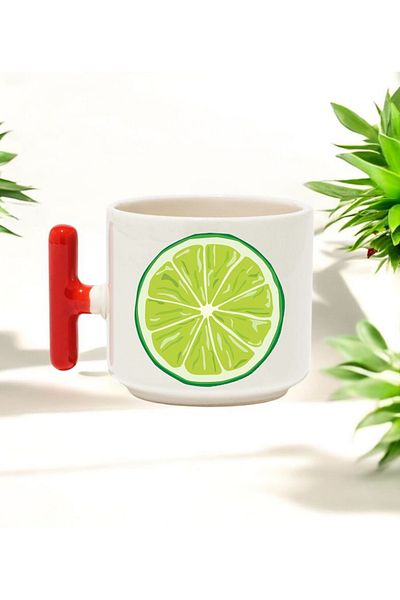 BB TRADE Green Lemon Designed Red t Handle Ceramic Printed Mug Cup 250 ml