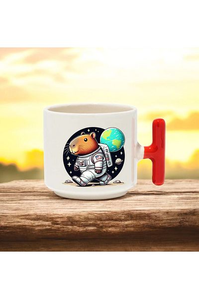 BB TRADE Astronaut Designed Red T-Handle Ceramic Printed Mug 250 ml
