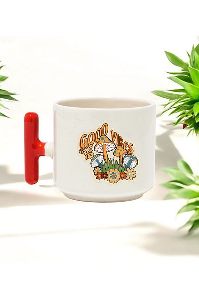 BB TRADE Good Vibes Designed Red t Handle Ceramic Printed Mug 250 ml