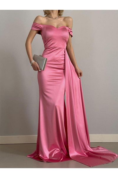 Modafeminen Φόρεμα Maxi Boy από σατέν ύφασμα off the Shoulder 582441 Ροζ
