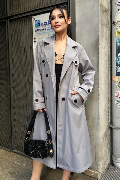 moda armanc Γυναικεία μακριά καμπαρντίνα με διπλό γιακά με δεμένη μέση - Γκρι 9358