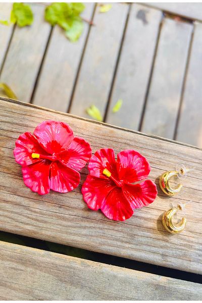 Markiz Takı Quadruple Pink Flower and Gold Hoop Earrings