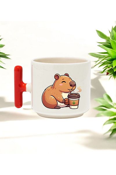 BB TRADE Cute Capybara Designed Red T-Handle Ceramic Printed Mug 250 ml