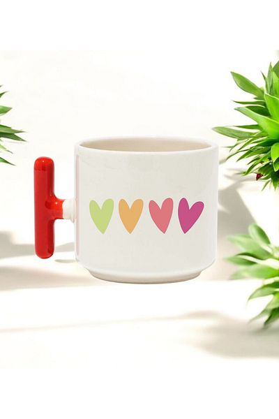 BB TRADE Red T-Handled Ceramic Printed Mug with Colorful Hearts Design 250 ml