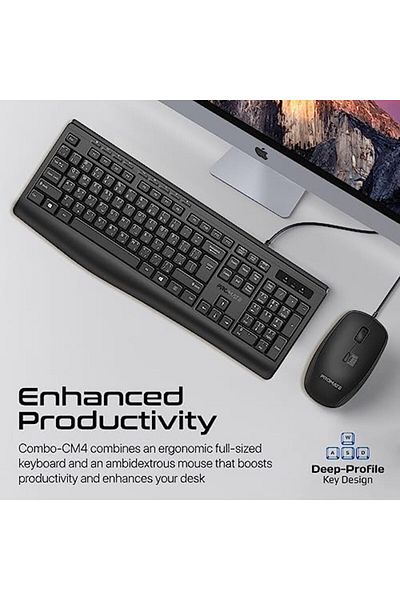 Promate Wired Keyboard and Mouse with Ambidextrous, 2400 Adjustable DPI, English/Arabic Buttons, Med