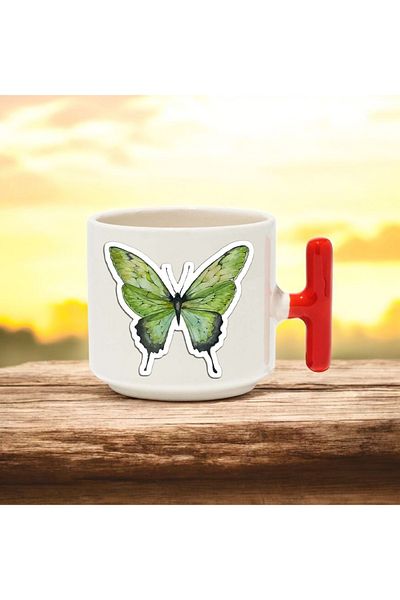 BB TRADE Green Butterfly Designed Red t Handle Ceramic Printed Mug Cup 250 ml