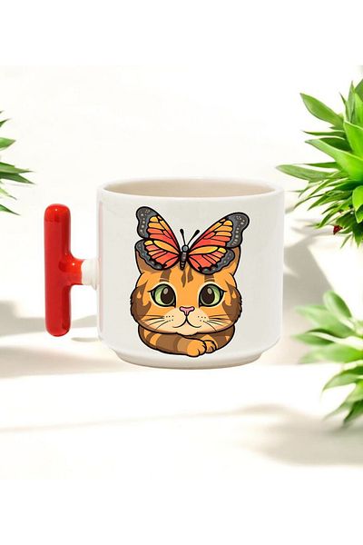 BB TRADE Cat Designed Red t Handled Ceramic Printed Mug Cup 250 ml