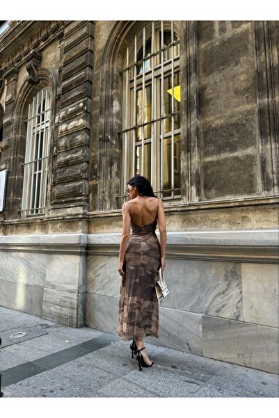 Modafeminen Patterned Straight Strap Dress 583022 Brown