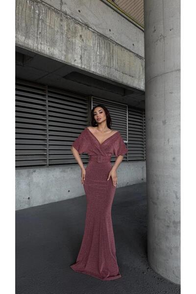 Modafeminen Stretch Fabric Fish Cut Belted Evening Dress and Graduation Dress Gulkurusu 583271