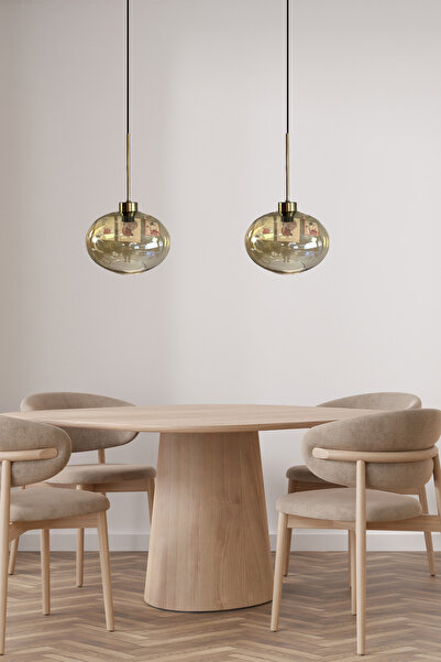 Bamyum Solvia İkili Cam Bal Rengi Avize İnce Eskitme Başlık Retro Sarkıt Lamba Salon Aydınlatma