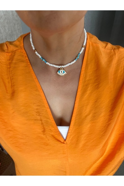 Byoz store White Bead Evil Eye Eye Tip Star and Heart Evil Eye Bead Necklace