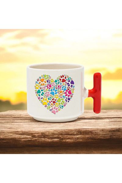 BB TRADE Red T-Handled Ceramic Printed Mug with Paw Heart Design 250 ml