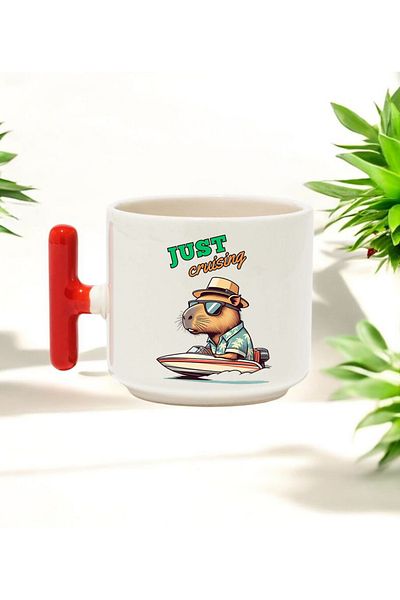 BB TRADE Capybara in the Sea Designed Red T-Handle Ceramic Printed Mug 250 ml