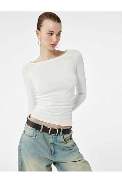 Koton Cotton Slim Fit Boat Neck Draped Long Sleeve T-Shirt