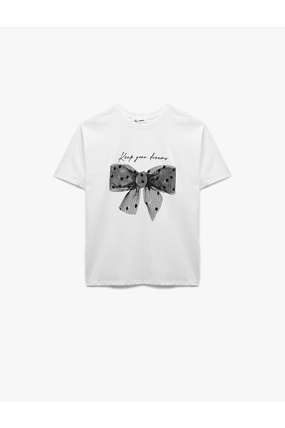 Koton Cotton Short Sleeve Crew Neck Bow Printed Oversize T-Shirt