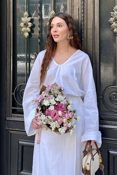 Ceylan Otantik White Organic Linen V-Neck Blouse
