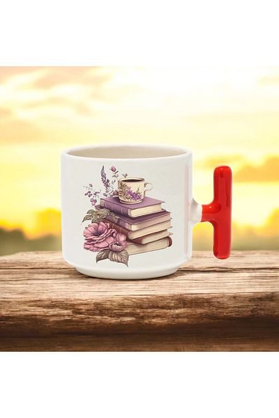 BB TRADE Purple Books Designed Red t Handle Ceramic Printed Mug Cup 250 ml